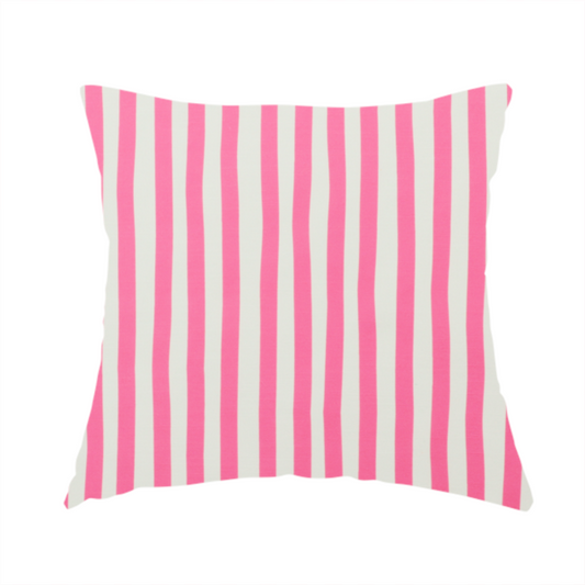 The fabric used to create this handmade cushion is a white fabric patterned with vertical, hand-drawn pink stripes that feature a slight, organic waviness.
