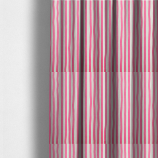 The fabric used to create these made-to-measure curtains is a white fabric patterned with vertical, hand-drawn pink stripes that feature a slight, organic waviness.