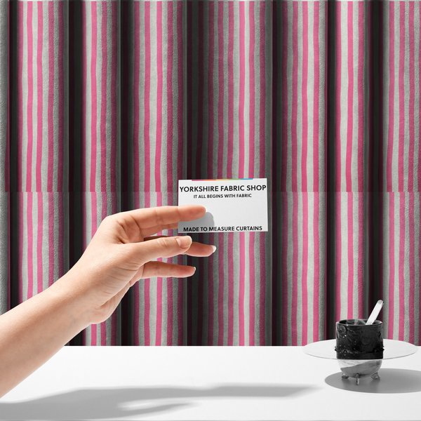 The fabric used to create these made-to-measure curtains is a white fabric patterned with vertical, hand-drawn pink stripes that feature a slight, organic waviness.