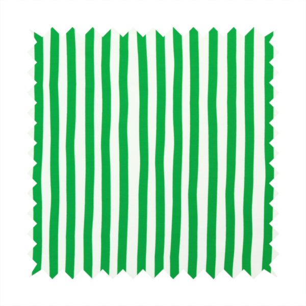 A white fabric patterned with vertical, hand-drawn green stripes that feature a slight, organic waviness.
