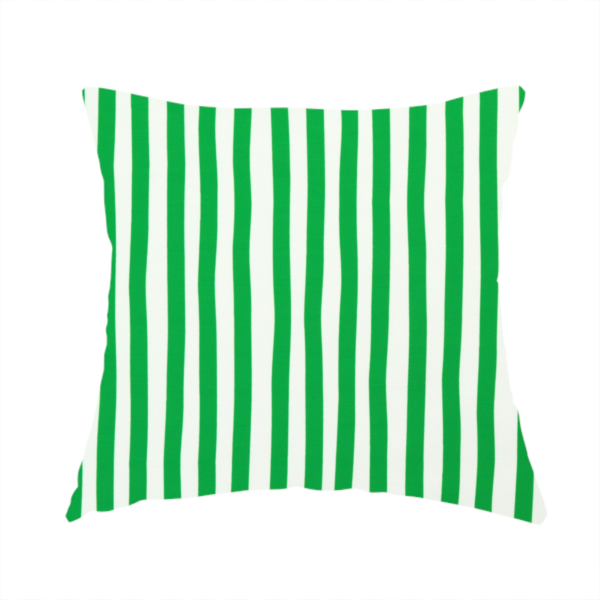 The fabric used to create this handmade cushion is a white fabric patterned with vertical, hand-drawn green stripes that feature a slight, organic waviness.