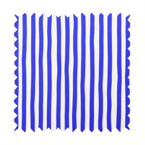 A white fabric patterned with vertical, hand-drawn blue stripes that feature a slight, organic waviness.   