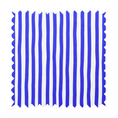 A white fabric patterned with vertical, hand-drawn blue stripes that feature a slight, organic waviness.   