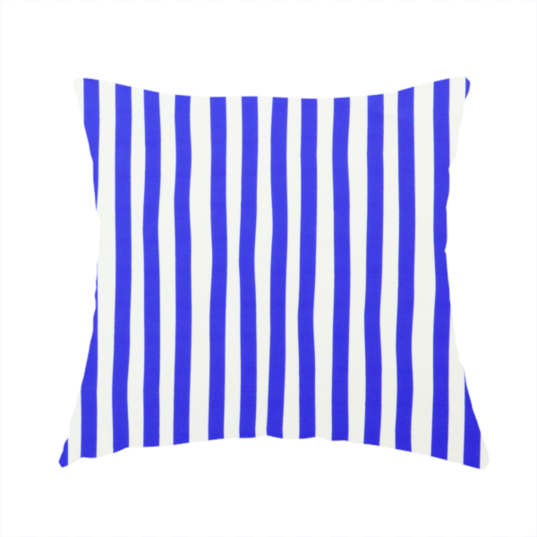 The fabric used to create this handmade cushion is a white fabric patterned with vertical, hand-drawn blue stripes that feature a slight, organic waviness.   