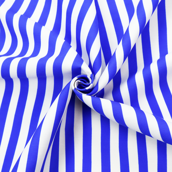 A white fabric patterned with vertical, hand-drawn blue stripes that feature a slight, organic waviness.   