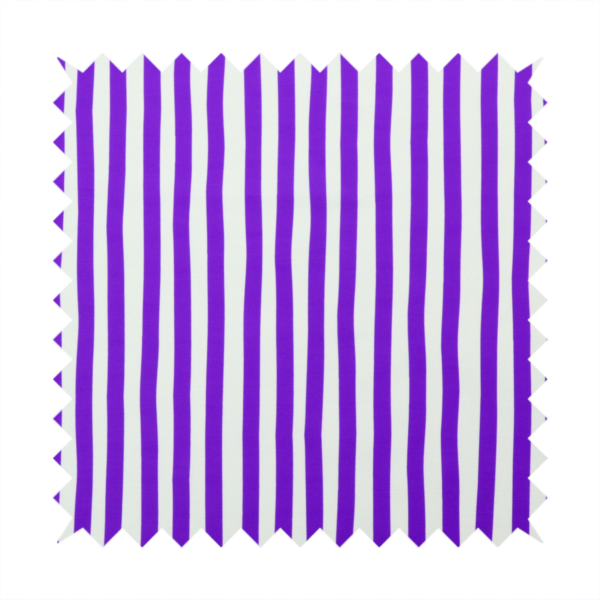A white fabric patterned with vertical, hand-drawn purple stripes that feature a slight, organic waviness.