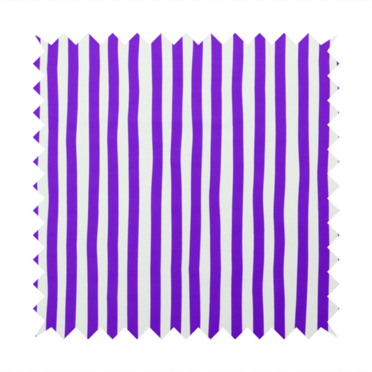 A white fabric patterned with vertical, hand-drawn purple stripes that feature a slight, organic waviness.