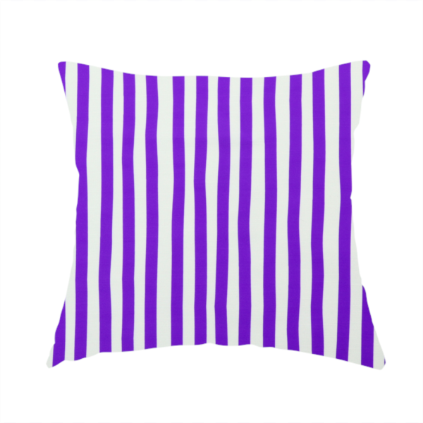 The fabric used to create this handmade cushion is a white fabric patterned with vertical, hand-drawn purple stripes that feature a slight, organic waviness.