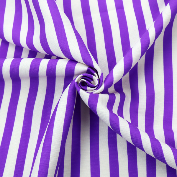 A white fabric patterned with vertical, hand-drawn purple stripes that feature a slight, organic waviness.