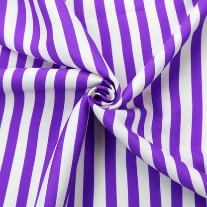 A white fabric patterned with vertical, hand-drawn purple stripes that feature a slight, organic waviness.
