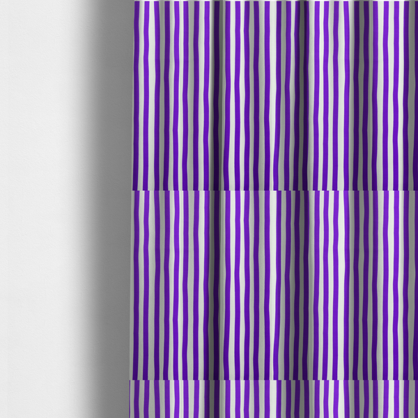 The fabric used to create these made-to-measure curtains is a white fabric patterned with vertical, hand-drawn purple stripes that feature a slight, organic waviness.