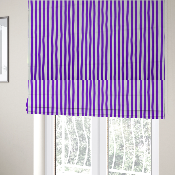 The fabric used to create these Roman blinds is a white fabric patterned with vertical, hand-drawn purple stripes that feature a slight, organic waviness.