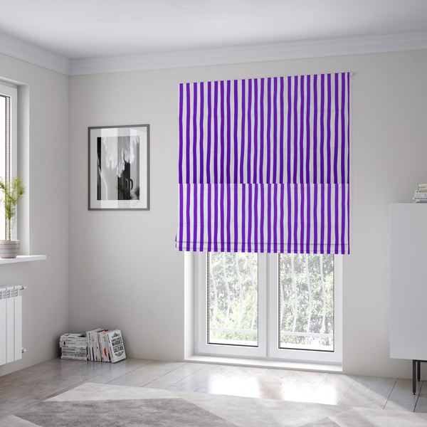 The fabric used to create these Roman blinds is a white fabric patterned with vertical, hand-drawn purple stripes that feature a slight, organic waviness.