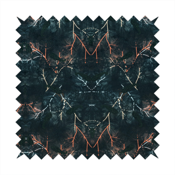 This fabric features an abstract, wolf-like motif, made up of orange and white lines on a dark, forest inspired fabric.