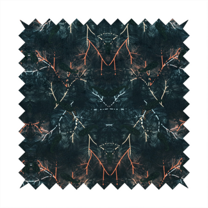 This fabric features an abstract, wolf-like motif, made up of orange and white lines on a dark, forest inspired fabric.
