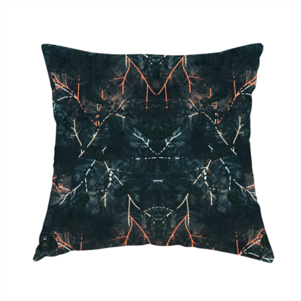 The fabric used to create this handmade cushions features an abstract, wolf-like motif, made up of orange and white lines on a dark, forest inspired fabric.