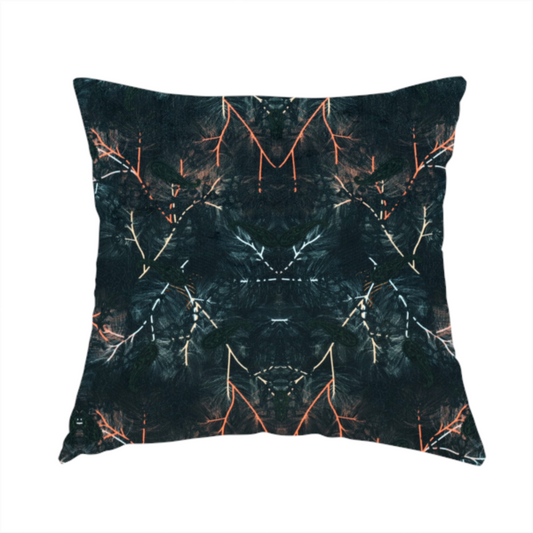 The fabric used to create this handmade cushions features an abstract, wolf-like motif, made up of orange and white lines on a dark, forest inspired fabric.