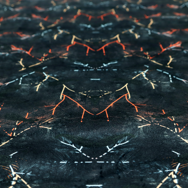 This fabric features an abstract, wolf-like motif, made up of orange and white lines on a dark, forest inspired fabric.