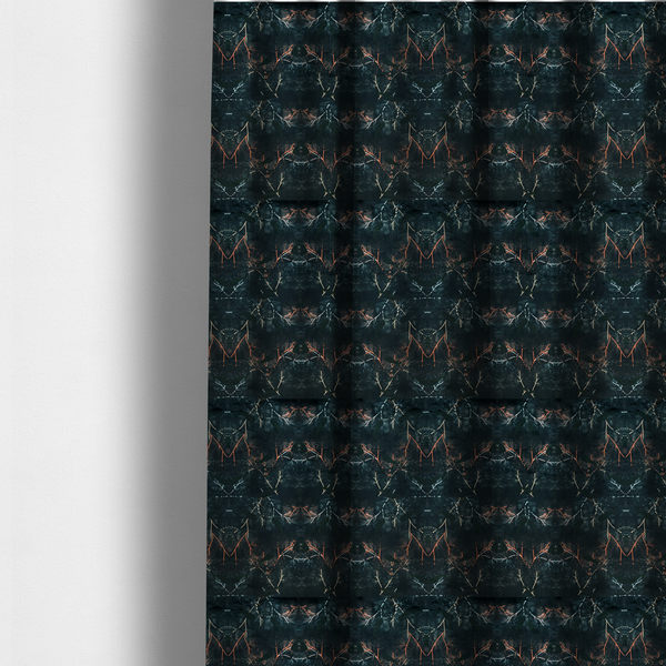 The fabric used to create these made-to-measure curtains is an abstract, wolf-like motif, made up of orange and white lines on a dark, forest inspired fabric.