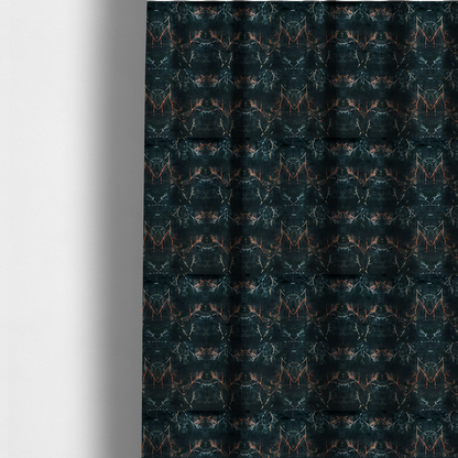 The fabric used to create these made-to-measure curtains is an abstract, wolf-like motif, made up of orange and white lines on a dark, forest inspired fabric.