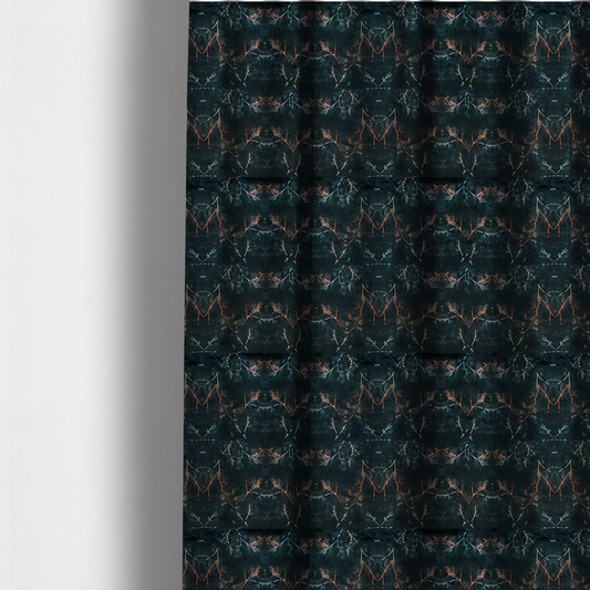 The fabric used to create these made-to-measure curtains is an abstract, wolf-like motif, made up of orange and white lines on a dark, forest inspired fabric.