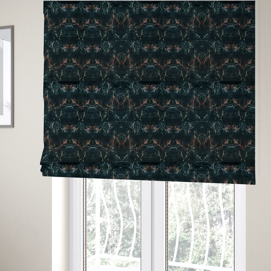 The fabric used to create these Roman blinds is an abstract, wolf-like motif, made up of orange and white lines on a dark, forest inspired fabric.