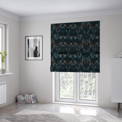 The fabric used to create these Roman blinds is an abstract, wolf-like motif, made up of orange and white lines on a dark, forest inspired fabric.