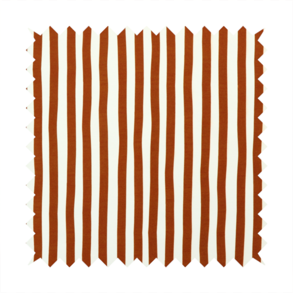 A white fabric patterned with vertical, hand-drawn brown stripes that feature a slight, organic waviness.