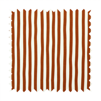 A white fabric patterned with vertical, hand-drawn brown stripes that feature a slight, organic waviness.