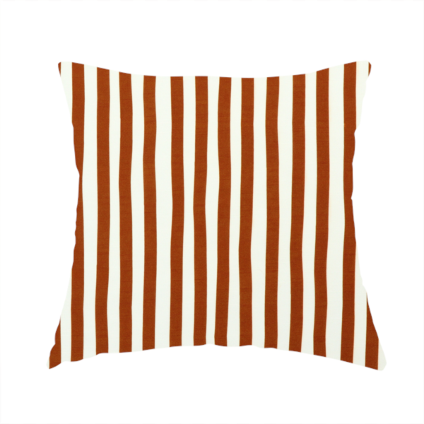 The fabric used to create this handmade cushion is a white fabric patterned with vertical, hand-drawn brown stripes that feature a slight, organic waviness.