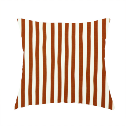 The fabric used to create this handmade cushion is a white fabric patterned with vertical, hand-drawn brown stripes that feature a slight, organic waviness.