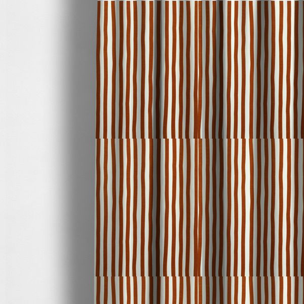 The fabric used to create these made-to-measure curtains is a white fabric patterned with vertical, hand-drawn brown stripes that feature a slight, organic waviness.