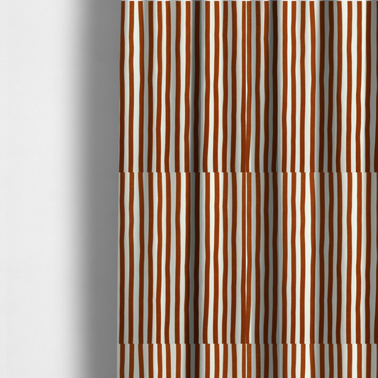 The fabric used to create these made-to-measure curtains is a white fabric patterned with vertical, hand-drawn brown stripes that feature a slight, organic waviness.