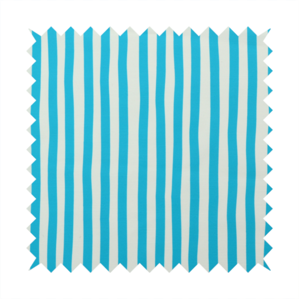 A white fabric patterned with vertical, hand-drawn light blue stripes that feature a slight, organic waviness.