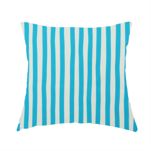 The fabric used to create this handmade cushion is a white fabric patterned with vertical, hand-drawn light blue stripes that feature a slight, organic waviness.