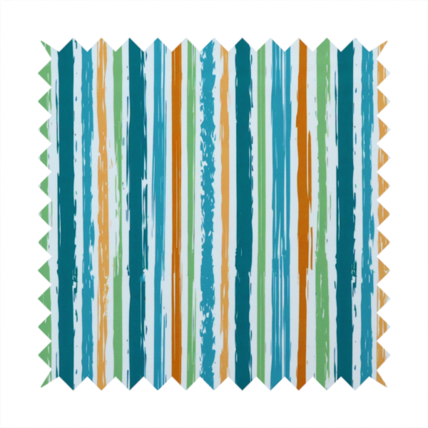 A white fabric patterned with multi-coloured vertical, hand-drawn stripes in teal, green, blue, and orange with a slight, organic waviness.