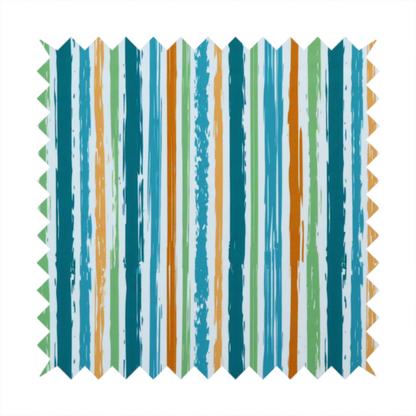 A white fabric patterned with multi-coloured vertical, hand-drawn stripes in teal, green, blue, and orange with a slight, organic waviness.
