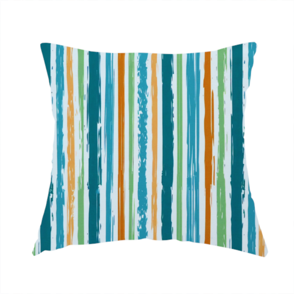 The fabric used to create this handmade cushion is a white fabric patterned with multi-coloured vertical, hand-drawn stripes in teal, green, blue, and orange with a slight, organic waviness.