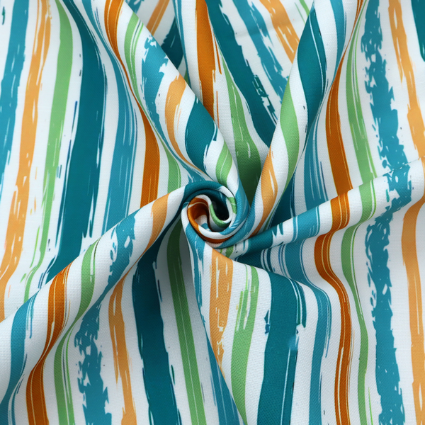 A white fabric patterned with multi-coloured vertical, hand-drawn stripes in teal, green, blue, and orange with a slight, organic waviness.