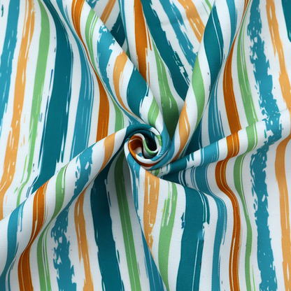 A white fabric patterned with multi-coloured vertical, hand-drawn stripes in teal, green, blue, and orange with a slight, organic waviness.