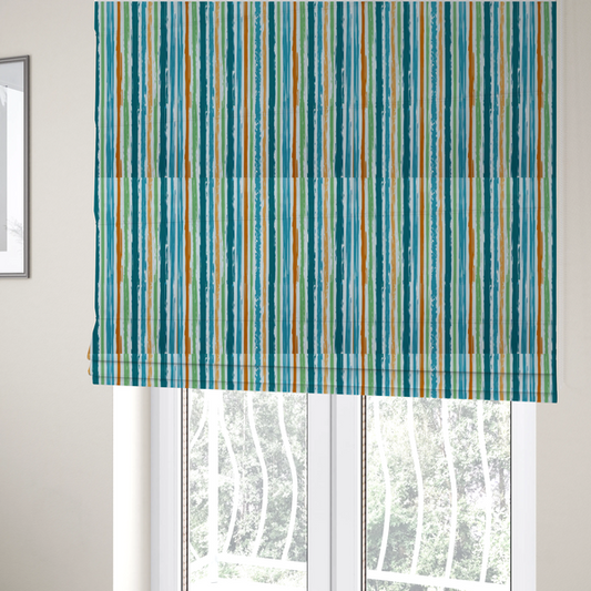 The fabric used to create these Roman blinds is a white fabric patterned with multi-coloured vertical, hand-drawn stripes in teal, green, blue, and orange with a slight, organic waviness.