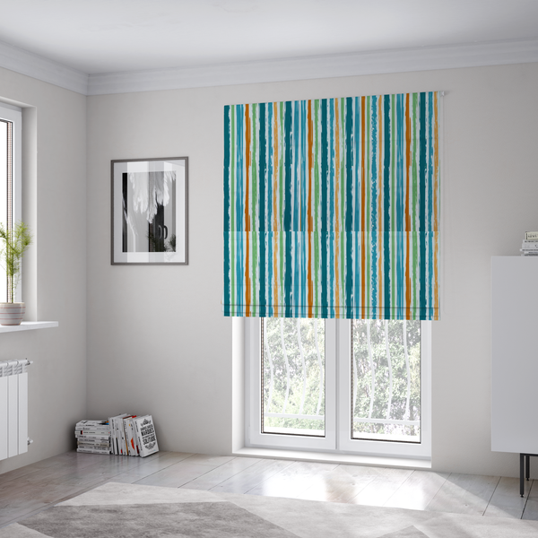 The fabric used to create these Roman blinds is a white fabric patterned with multi-coloured vertical, hand-drawn stripes in teal, green, blue, and orange with a slight, organic waviness.