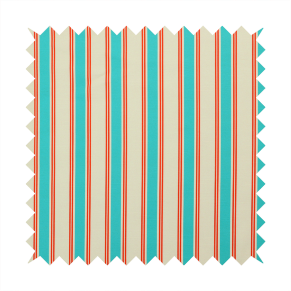 A white fabric patterned with vertical, hand-drawn turquoise and red double stripes that feature a slight, organic waviness.