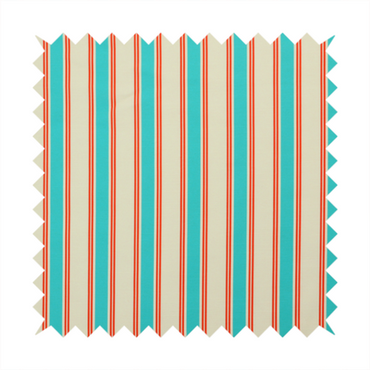 A white fabric patterned with vertical, hand-drawn turquoise and red double stripes that feature a slight, organic waviness.