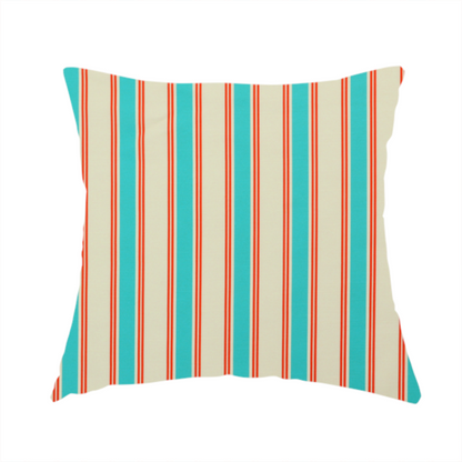 The fabric used to create this handmade cushion is a white fabric patterned with vertical, hand-drawn turquoise and red double stripes that feature a slight, organic waviness.