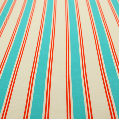A white fabric patterned with vertical, hand-drawn turquoise and red double stripes that feature a slight, organic waviness.