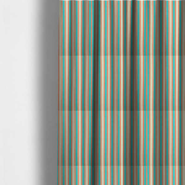 The fabric used to create these made-to-measure curtains is a white fabric patterned with vertical, hand-drawn turquoise and red double stripes that feature a slight, organic waviness.
