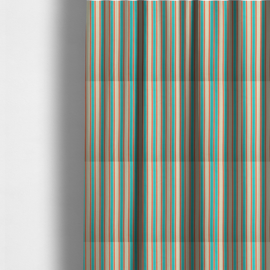The fabric used to create these made-to-measure curtains is a white fabric patterned with vertical, hand-drawn turquoise and red double stripes that feature a slight, organic waviness.