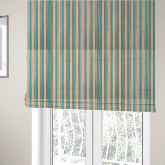 The fabric used to create these Roman blinds is a white fabric patterned with vertical, hand-drawn turquoise and red double stripes that feature a slight, organic waviness.