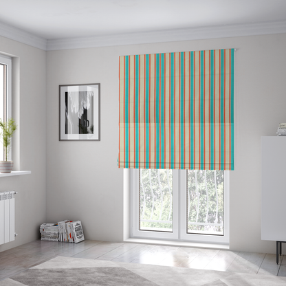 The fabric used to create these Roman blinds is a white fabric patterned with vertical, hand-drawn turquoise and red double stripes that feature a slight, organic waviness.